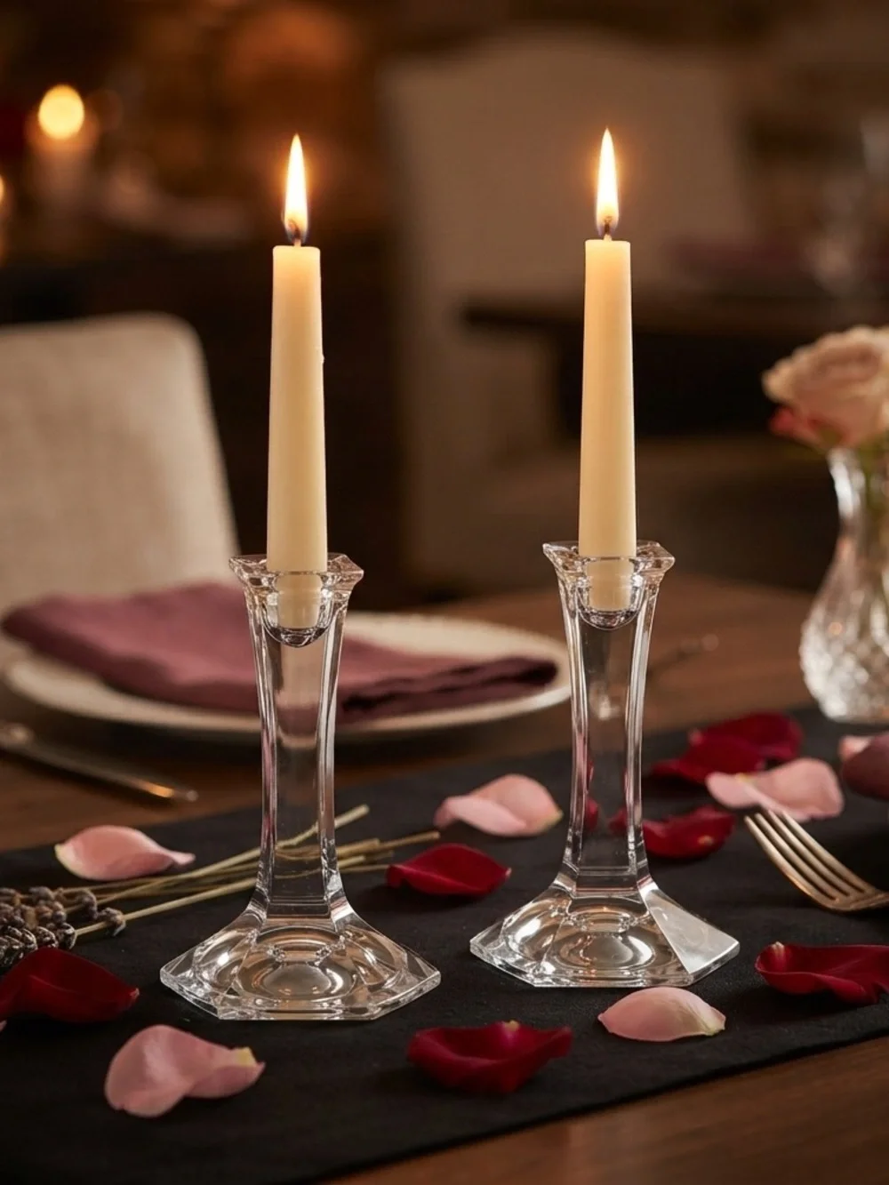 Glass Crystal Candle Holders (Set of 2)Clear Column Candlestick Octagon Pedestal